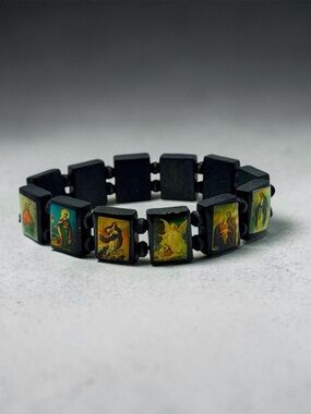 Catholic Saints Wood Stretch Panel Bracelet Religious Icons Jesus Mary 7”